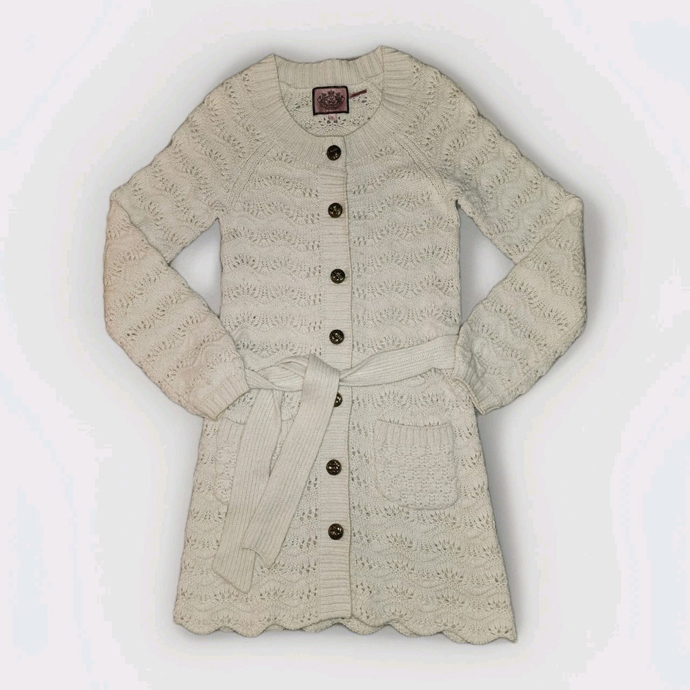 Juicy Couture Y2k Cashmere Angora Wool Cream Knit Cardigan Belted Button Pockets